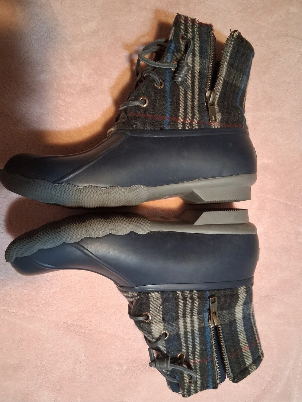 Sperry Top Sider Navy Blue Plaid Wool Duck Boots Waterproof Size 7M Rain Winter